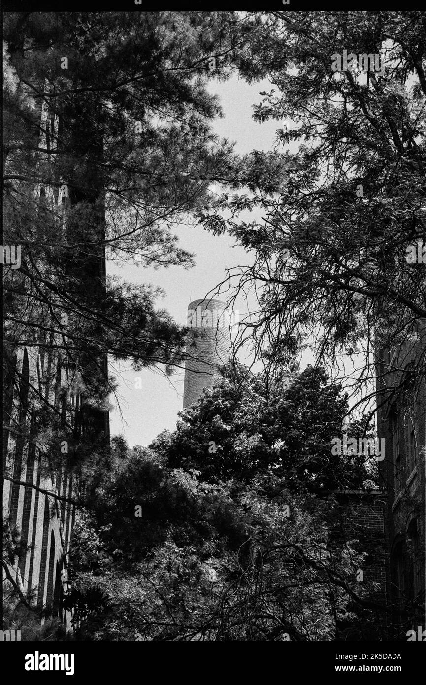 Une cheminée d'un moulin fermé de cotten s'élève au-dessus des arbres dans la ville historique de Lowell, Massachusetts. L'image a été capturée sur film analogique noir et blanc Banque D'Images