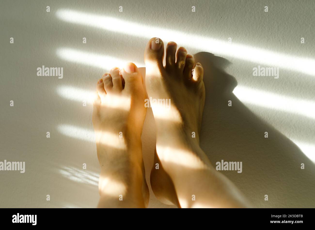 Gros plan sur les jambes d'une femme, orteils contre le mur blanc dans une maison confortable à la lumière du coucher du soleil. Ombres au mur. Bien-être Banque D'Images