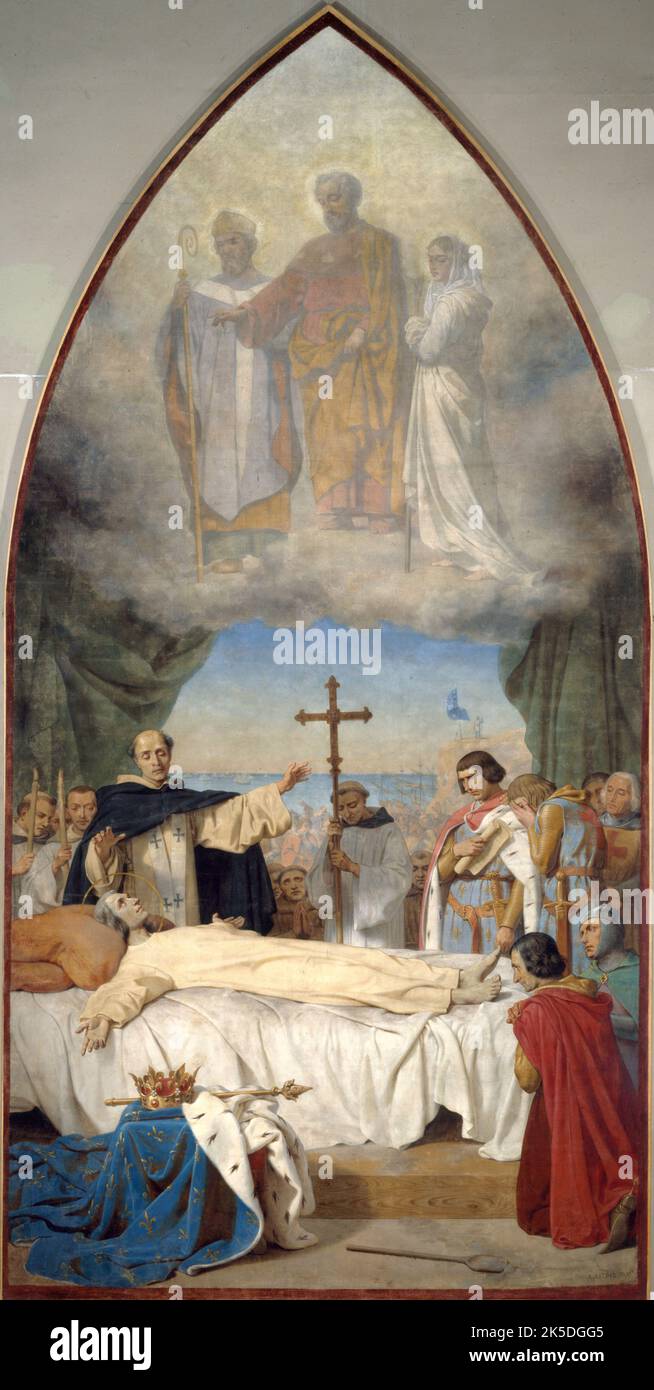 La mort de Saint Louis, 1884. La mort de Saint Louis. Le roi de France se trouve avec les bras étirés, dans l'attitude du Christ sur la croix. Banque D'Images