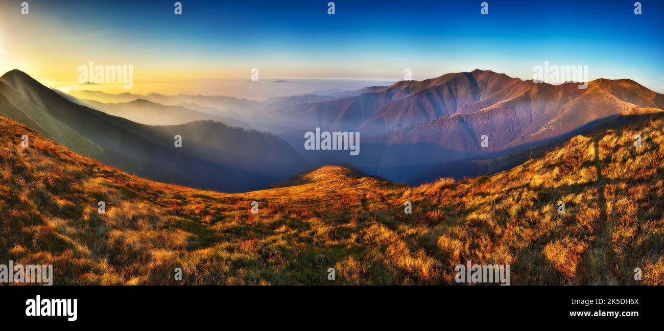 silhouettes des montagnes du matin. Matin brumeux dans les Carpates. Paysage de montagne Banque D'Images