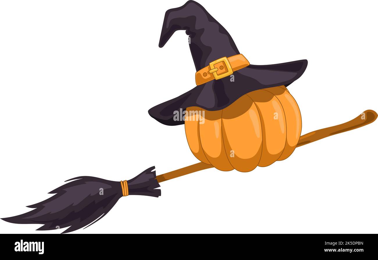 Citrouille dans un chapeau magique volant sur le balai Illustration de Vecteur