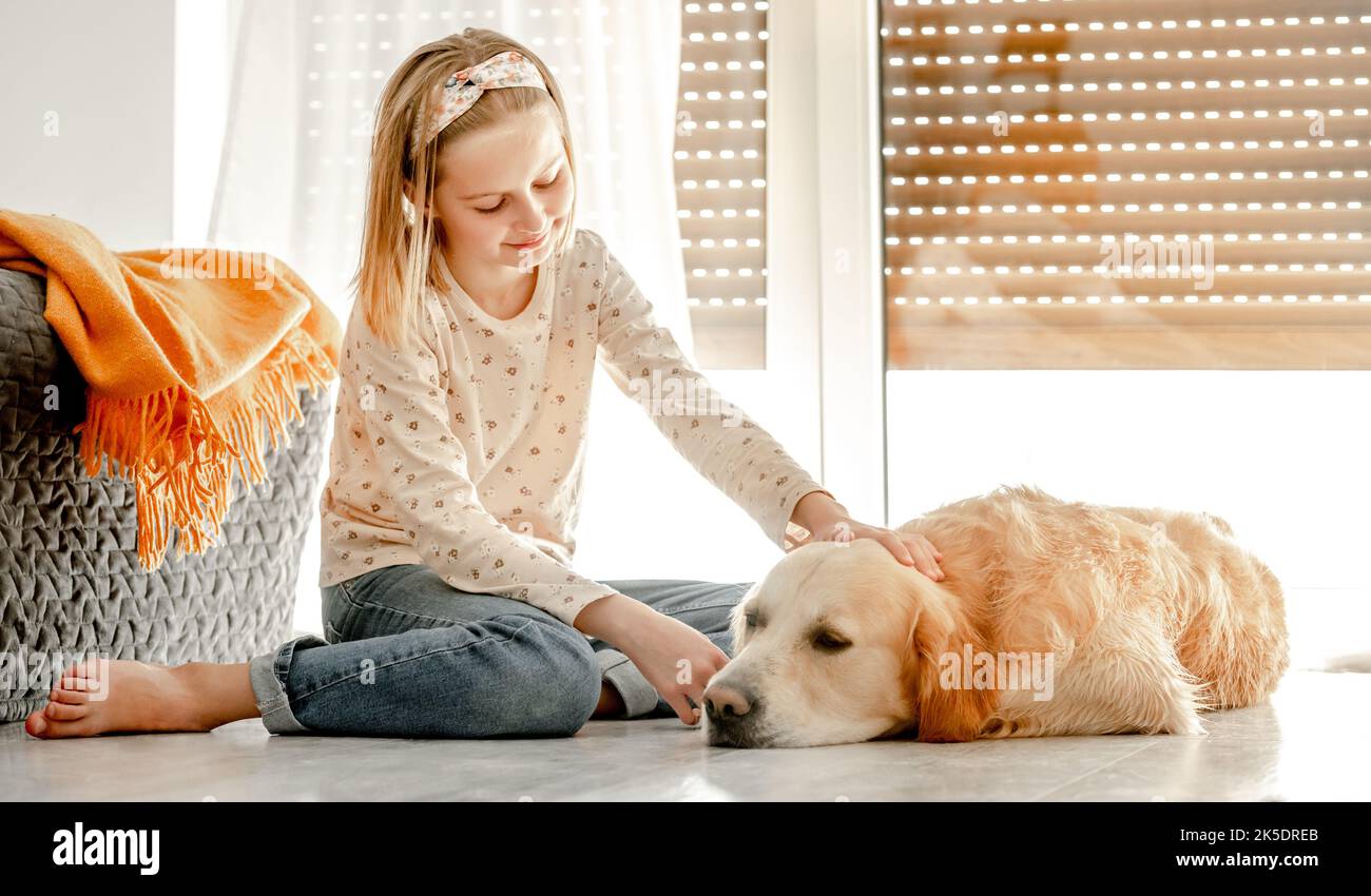 Girl with golden retriever dog Banque D'Images