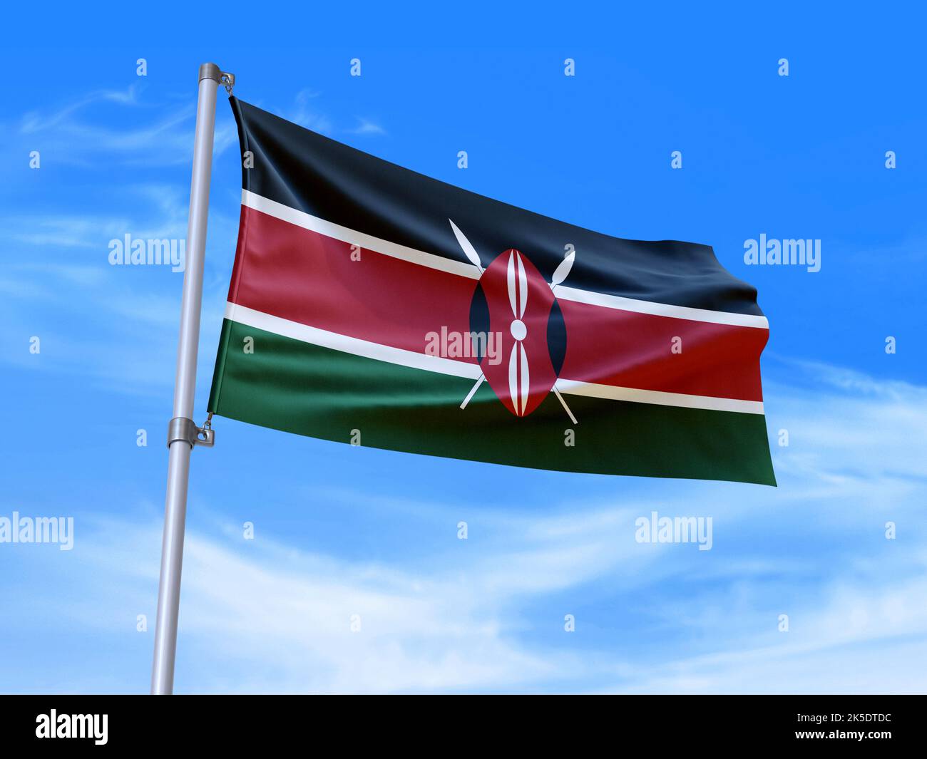 Magnifique drapeau kenyan agitant dans le vent avec fond de ciel - 3D illustration - 3D rendu Banque D'Images