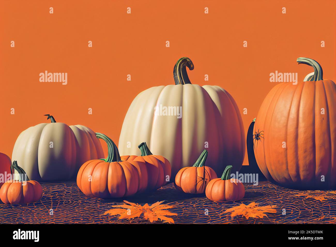 De nombreuses citrouilles de différentes tailles sur fond orange comme décorations d'Halloween Banque D'Images