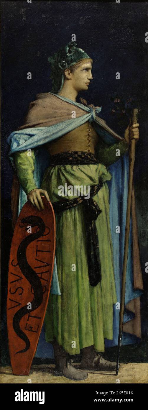 Le droit Coutumier, 1881. Le droit coutumier. Figure allégorique en costume médiéval, tenant un bouclier avec un serpent et l'inscription: Usus et Cautio. Banque D'Images