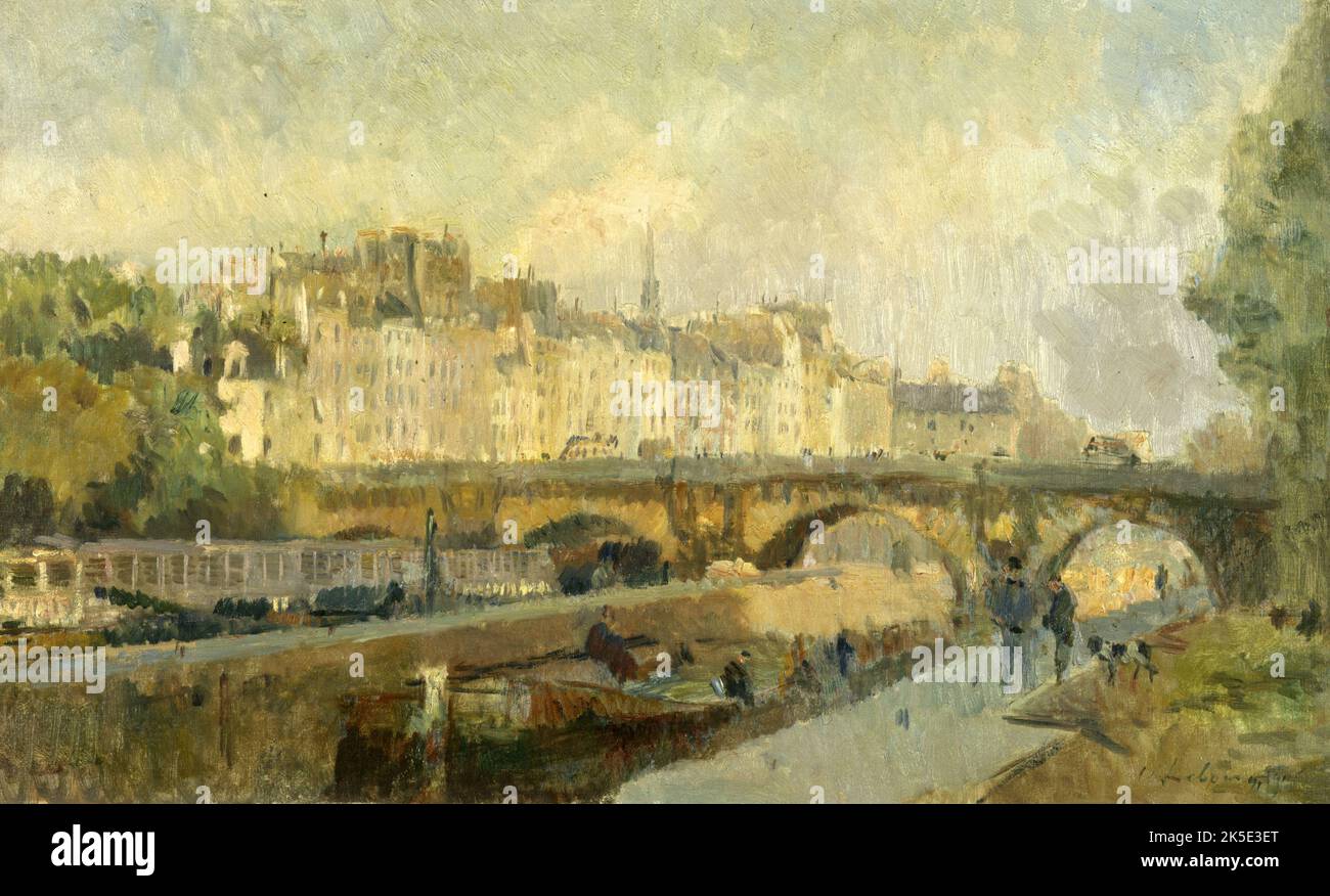Le Pont neuf, 1906. Le Pont neuf. La Seine à Paris avec des barges amarrées en premier plan, et un marcheur avec un chien. Derrière le pont se trouvent les bâtiments du quai du Louvre. Banque D'Images