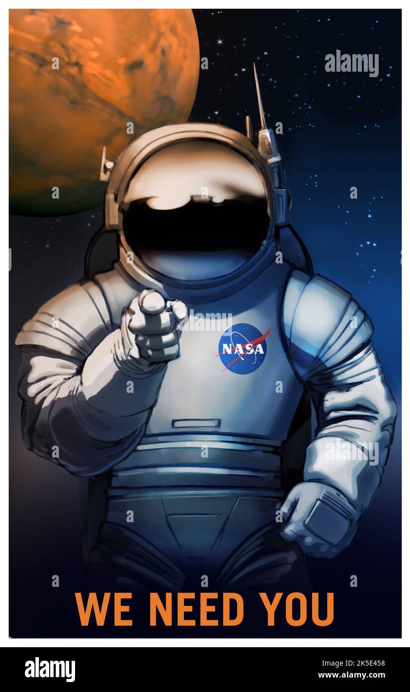 MARS. NOUS AVONS BESOIN DE VOUS. Mars a besoin DE VOUS! A l'avenir, Mars aura besoin de toutes sortes d'explorateurs, d'agriculteurs, d'arpenteurs, d'enseignants... Mais surtout VOUS! Affiche de la NASA encourageant l'intérêt pour les futures missions sur Mars. « Nous avons besoin de vous. Nous avons besoin de beaucoup de choses pour notre voyage vers Mars, mais un élément clé est VOUS ! » Une version optimisée d'une image d'origine de la NASA. Crédit: NASA. Usage éditorial uniquement si vous utilisez l'insigne de la NASA. Banque D'Images