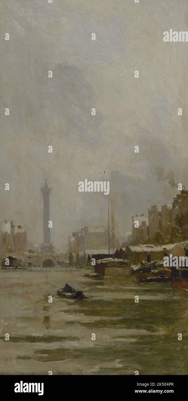 Esquisse pour le salon des Sciences de l'Hôtel de ville : le bassin de l'Arsenal, entre 1888 et 1890. Vue sur le bassin de l'Arsenal, quartier de la Bastille, par temps enneigé. Banque D'Images