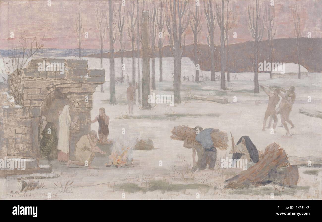 Hiver, croquis du H&#XF4;tel de ville à Paris, entre 1889 et 1892. Le bord d'une forêt dans un paysage enneigé. Famille à un feu de bois dans un bâtiment en ruines. Au premier plan, deux hommes collectent des fagggots sous le regard d'une vieille femme dans un cap noir. Sur la droite, trois hommes descendent un arbre. (L'hiver, esquisse pour l'H&#XF4; tel de ville de Paris). Banque D'Images