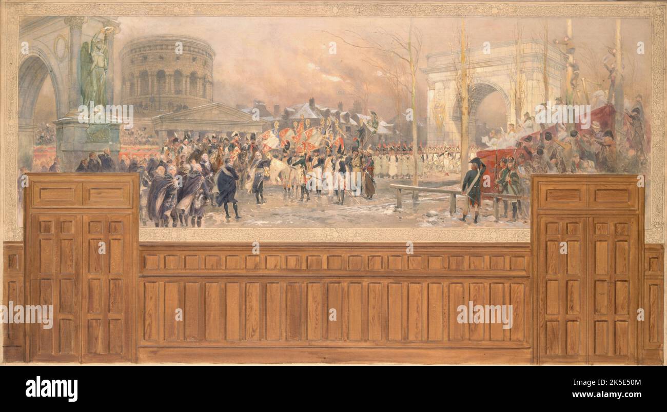 R&#xe9;conception par la municipalité&#xe9; de Paris, &#xe0; la barrie&#XE8;re de la Villette, des troupes revenantes de Bologne, avril&#XE8;s la campagne de 1806-1807, (entre 1901 et 1902). Réception par la commune de Paris à la Rotonde de la Villette, troupes revenant de Pologne après la campagne de 1806-1807. Guerres napoléoniennes, les foules applaudissent l'armée française. Banque D'Images