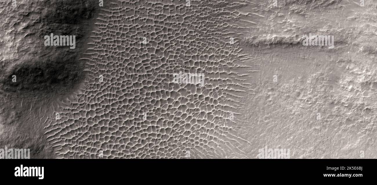Paysage martien. Cette image de HiRISE montre un cratère dans la région Tyrrhéa Terra et un ensemble de dunes étoiles visibles sur le bord ouest d'un petit cratère dans le cratère cible plus grand. Les dunes d'étoiles se forment lorsque le sable est soufflé par les vents venant de plusieurs directions, commun dans les cratères. Cela entraîne l'intersection des dunes, formant un motif polygonal ou « étoile ». Les sables des dunes sont probablement faits de basalte. Le matériau susceptible de porter de l'argile se trouve probablement dans le substrat rocheux environnant. L'image montre un terrain à moins de 5 km (3 mi). Une version optimisée unique des images de la NASA. Crédit: NASA/JPL/UArizona Banque D'Images