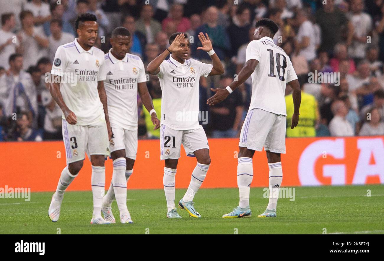 5th octobre 2022; Stade Santiago Bernabeu, Madrid, Ligue des champions, Real Madrid CF versus Shakhtar Donetsk: Rodrygo fête ses heures de 1-0 pour le Real Madrid Banque D'Images