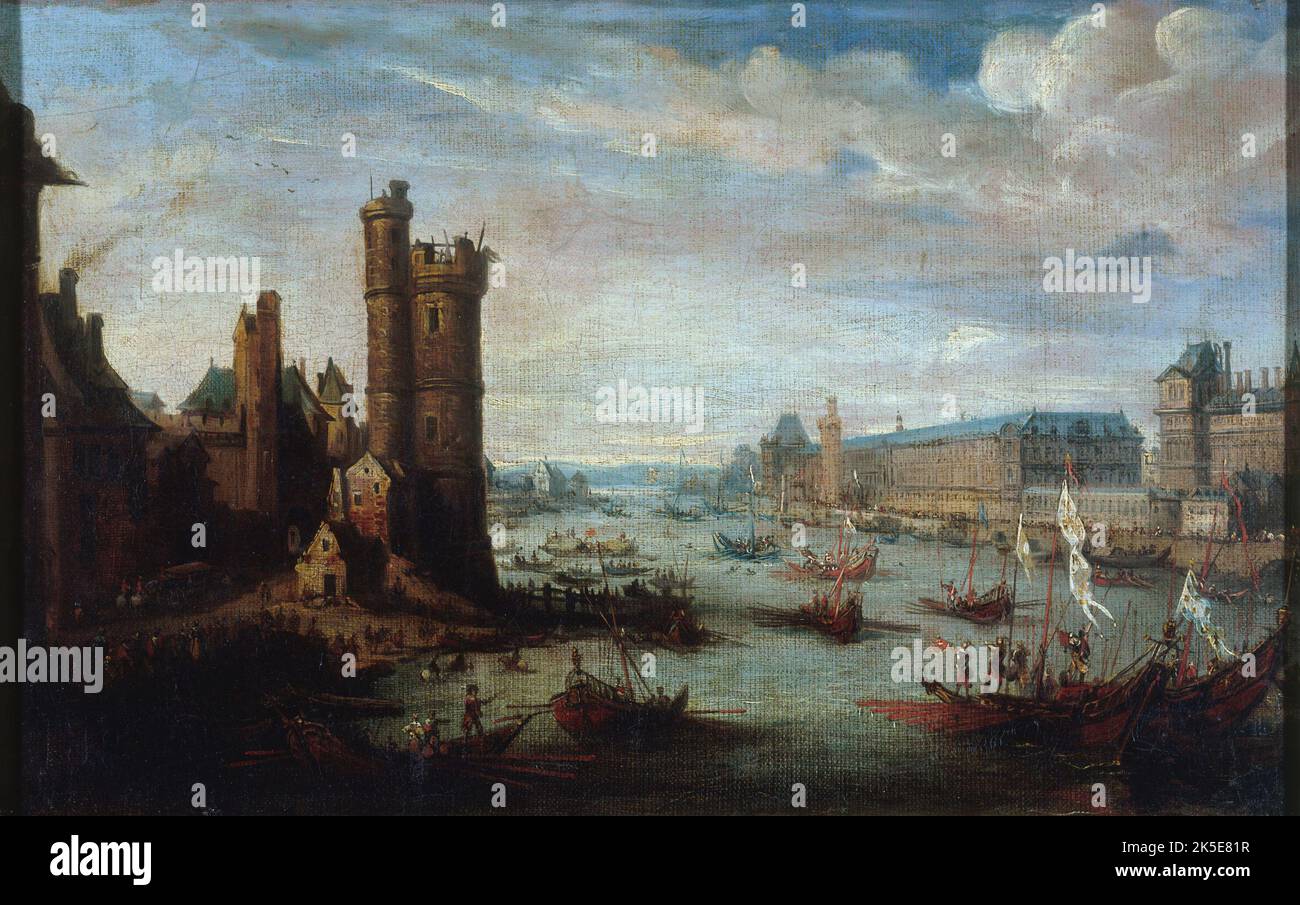 Le Tour de Nesle, la Grande Galerie et le Louvre, vu de Pont-neuf, vers 1630, actuel 1st arrondissement, entre 1625 et 1635. Banque D'Images