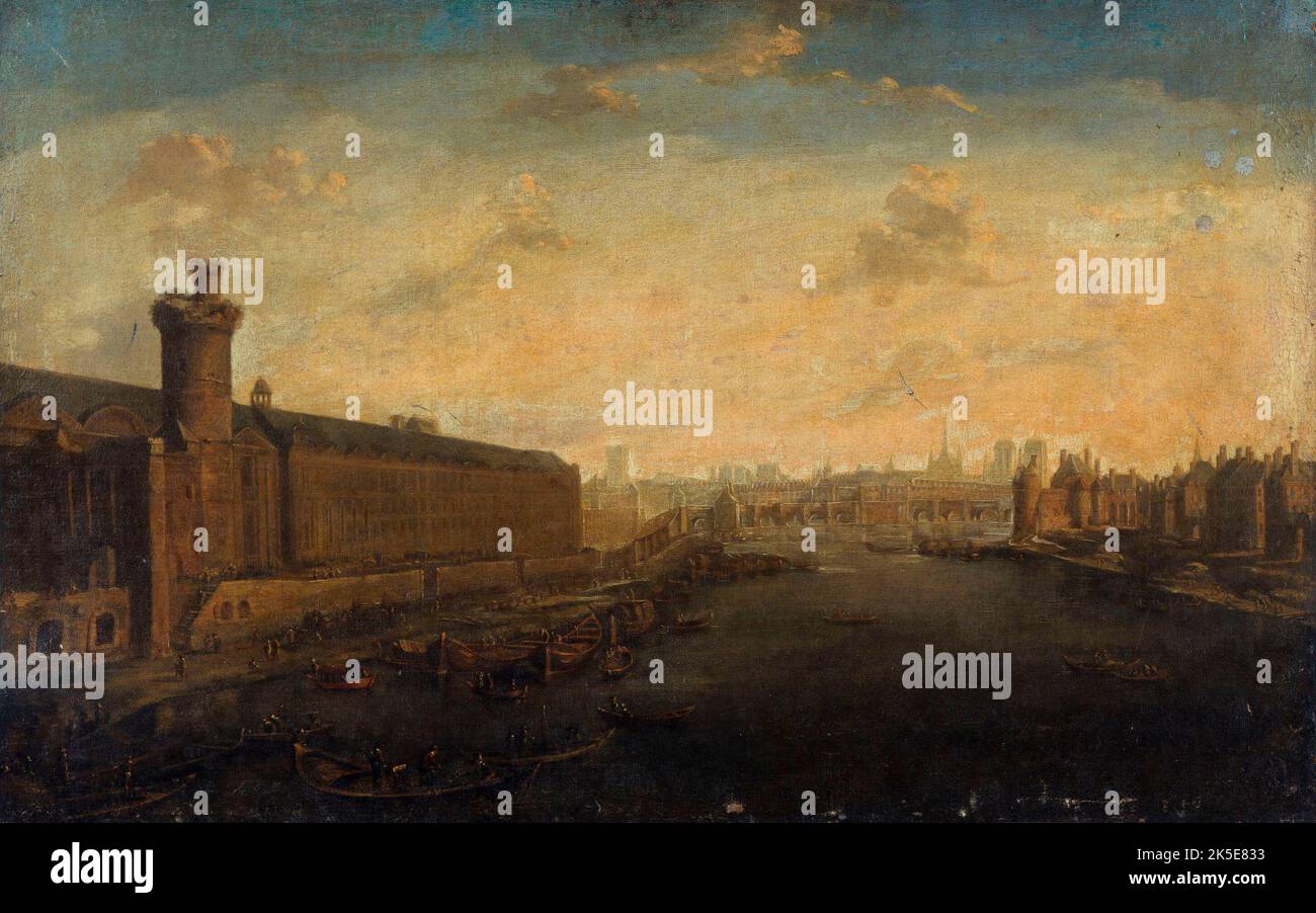 Grande Galerie du Louvre, avec porte Neuve, Pont-neuf, le CIT&#xe9;, Tour de Nesle et Quai Malaquais, vers 1640, entre 1635 et 1645. Arrondissements actuels de 1st et 6th. Banque D'Images