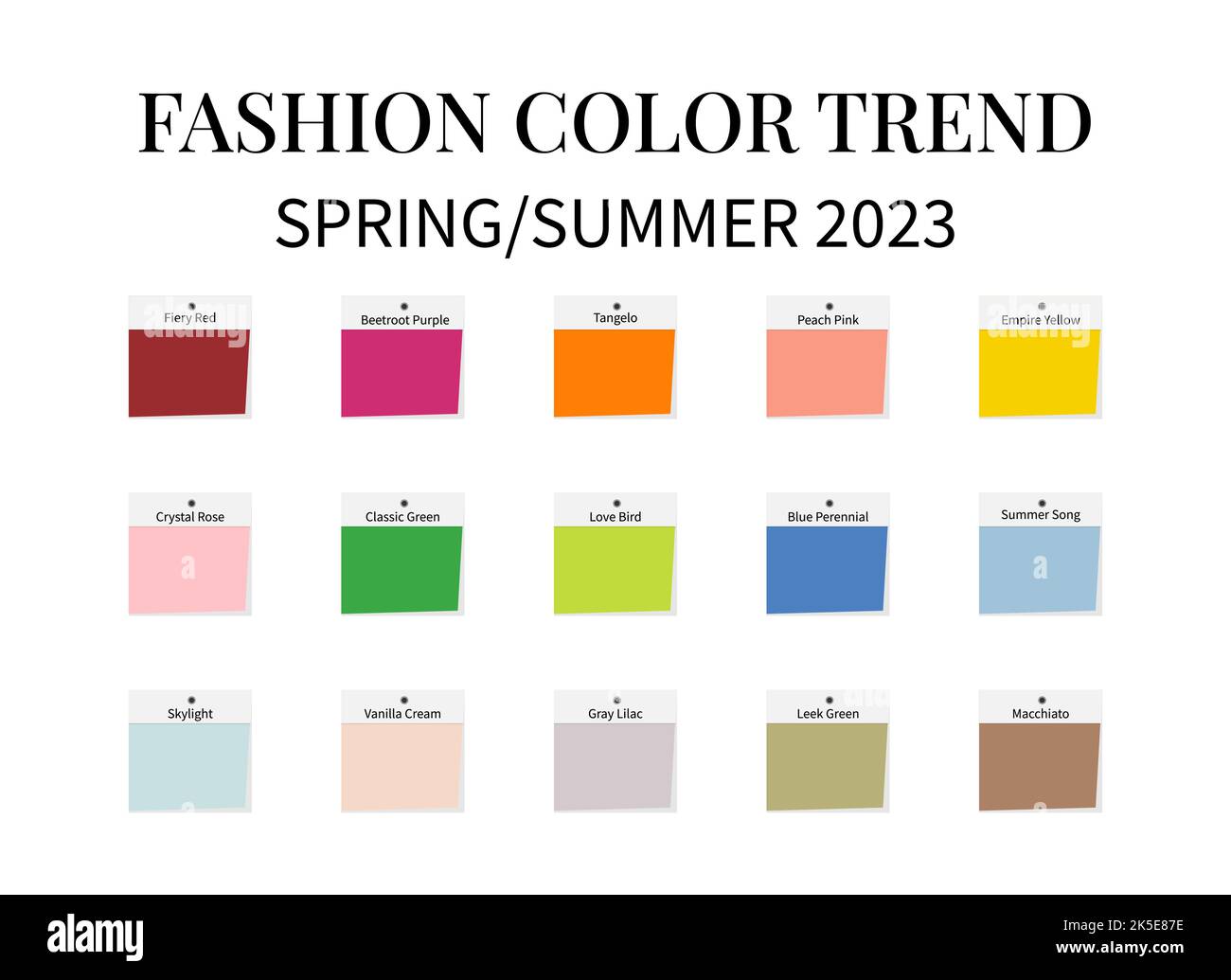 Tendance des couleurs de la mode Printemps - été 2023. Guide de palette de couleurs tendance. Nuances de tissu avec noms de couleur. Modèle vectoriel facile à éditer pour votre créativ Illustration de Vecteur