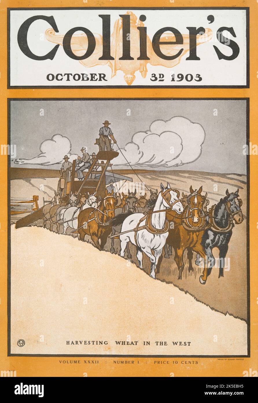Collier's 3 octobre 1903, récolte de blé dans l'Ouest, volume XXXII, numéro 1, prix 10 cents, c1903. [Éditeur: Harper Publications; lieu: New York] Banque D'Images