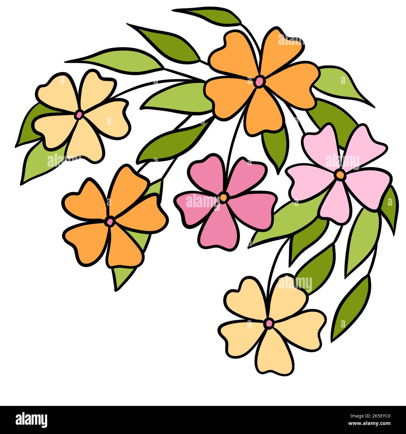 Illustration faite à la main de fleurs roses orange branche de feuilles dans le contour de ligne noire. Design de jardin fleuri minimaliste, fleur pour cartes d'invitation, concept de nature de plante de feuillage d'éléhant Banque D'Images