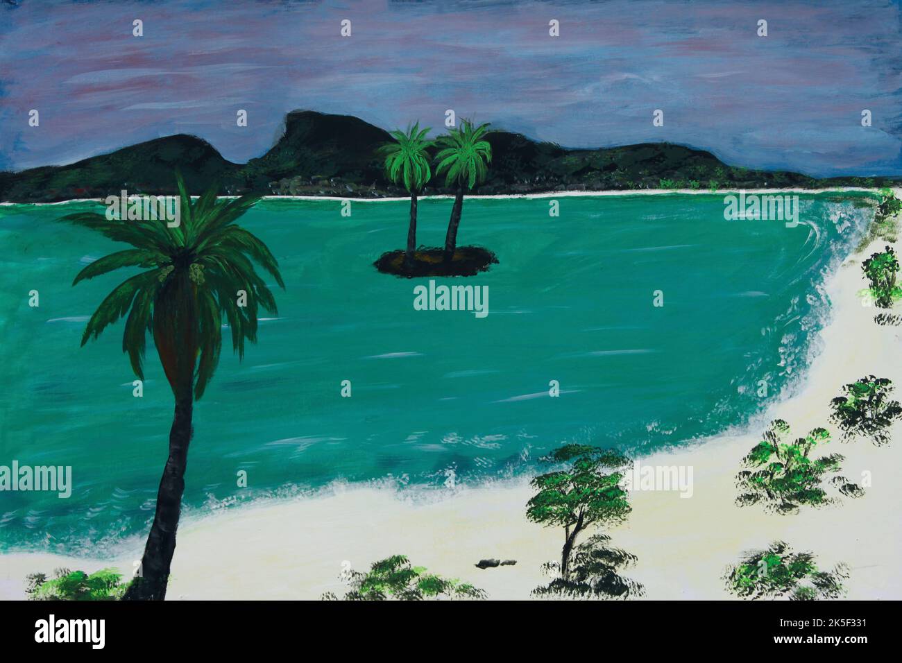 Peinture à l'huile des îles de plage tropicales de sable avec l'eau de mer verte Banque D'Images