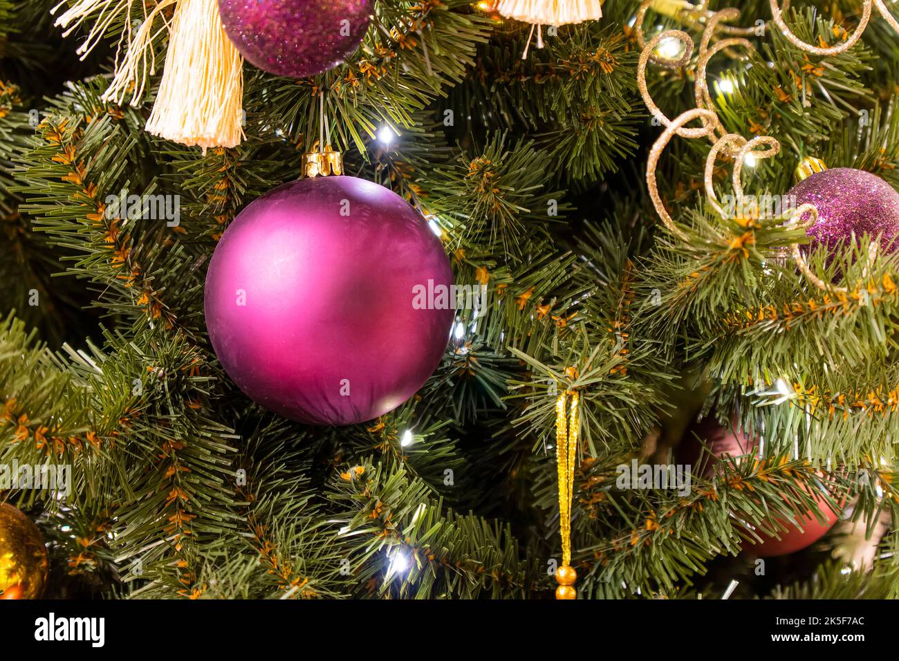 Sur la branche de l'arbre de Noël vert porte le jouet de Noël dans la boule de forme de rose sur un fond vert. fond de noël. Boule rose sur un CH Banque D'Images