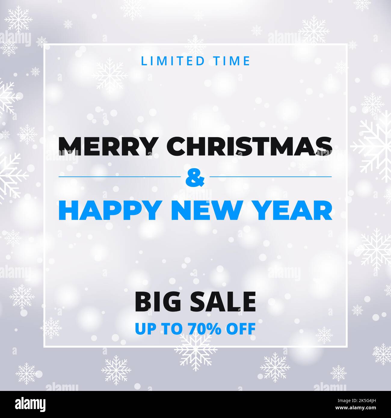 Promotion du nouvel an 2021 et du joyeux noël modèle de bannière. Chute de neige sur fond de vecteur de noël blanc. Neige brillante et flocon de neige Illustration de Vecteur