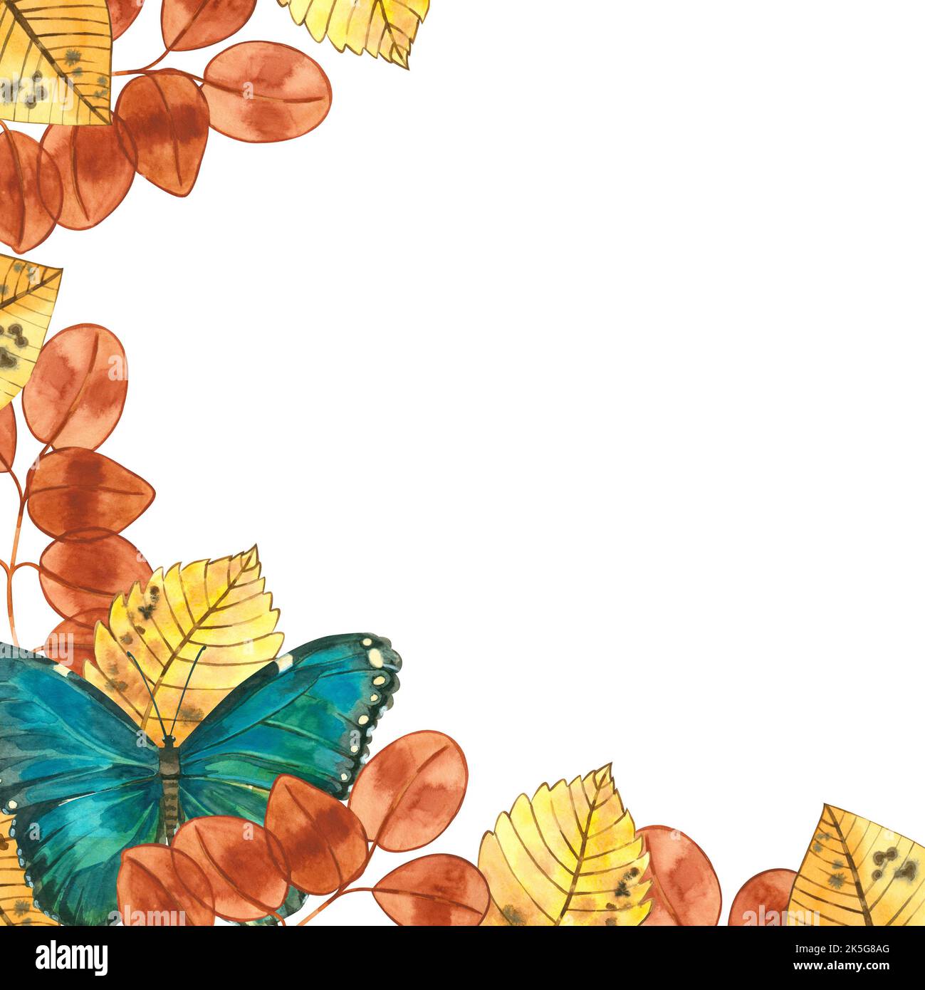 Un cadre carré de feuilles rouges et jaunes d'automne et un papillon bleu peint à la main en aquarelle sur fond blanc. Banque D'Images