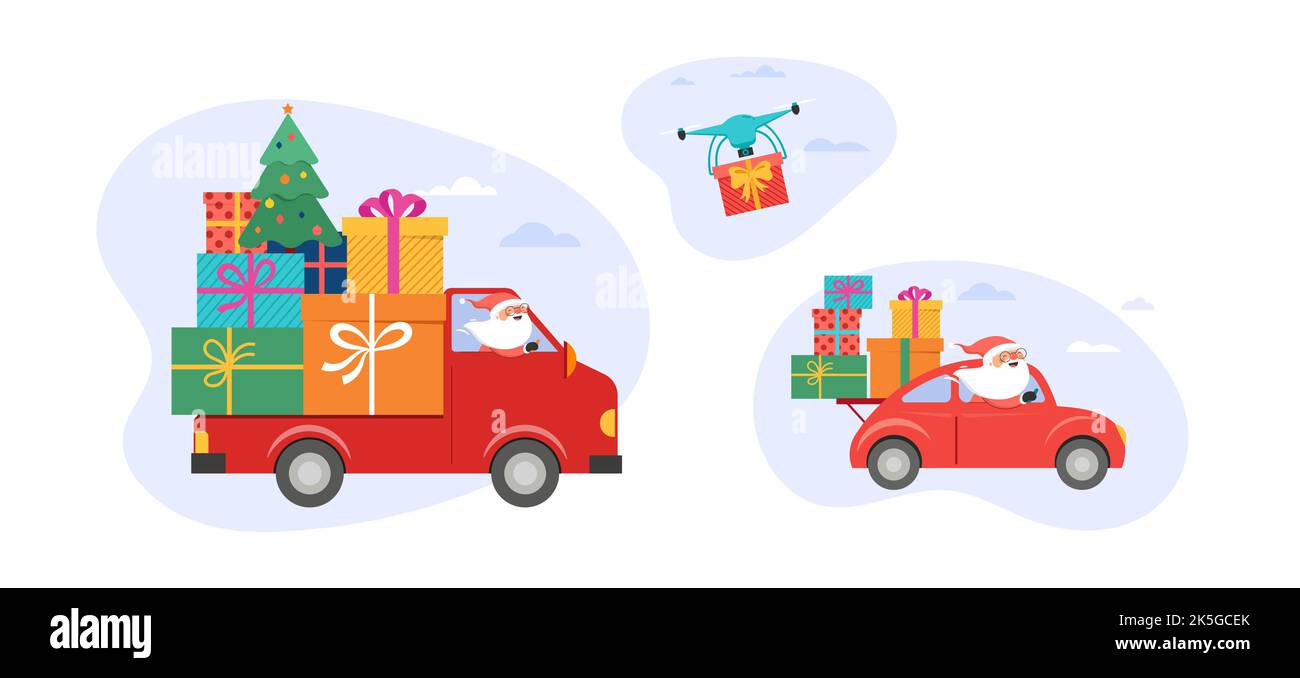 Concept de service de livraison en ligne pour Noël et les vacances, suivi des commandes en ligne, livraison à domicile et au bureau. Entrepôt, camion, drone, scooter et vélo Illustration de Vecteur
