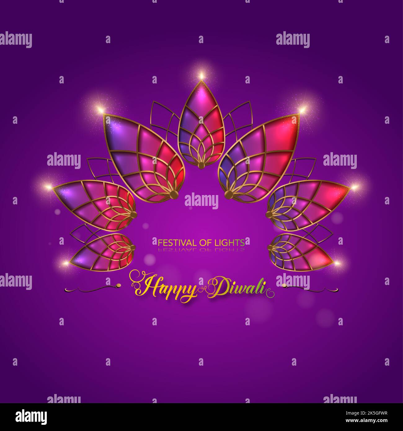 Happy Diwali Festival of Lights India Celebration modèle coloré. Bannière graphique de l'Indian Lotus Diya Oil Lamps, le design moderne dans vibrant co Illustration de Vecteur