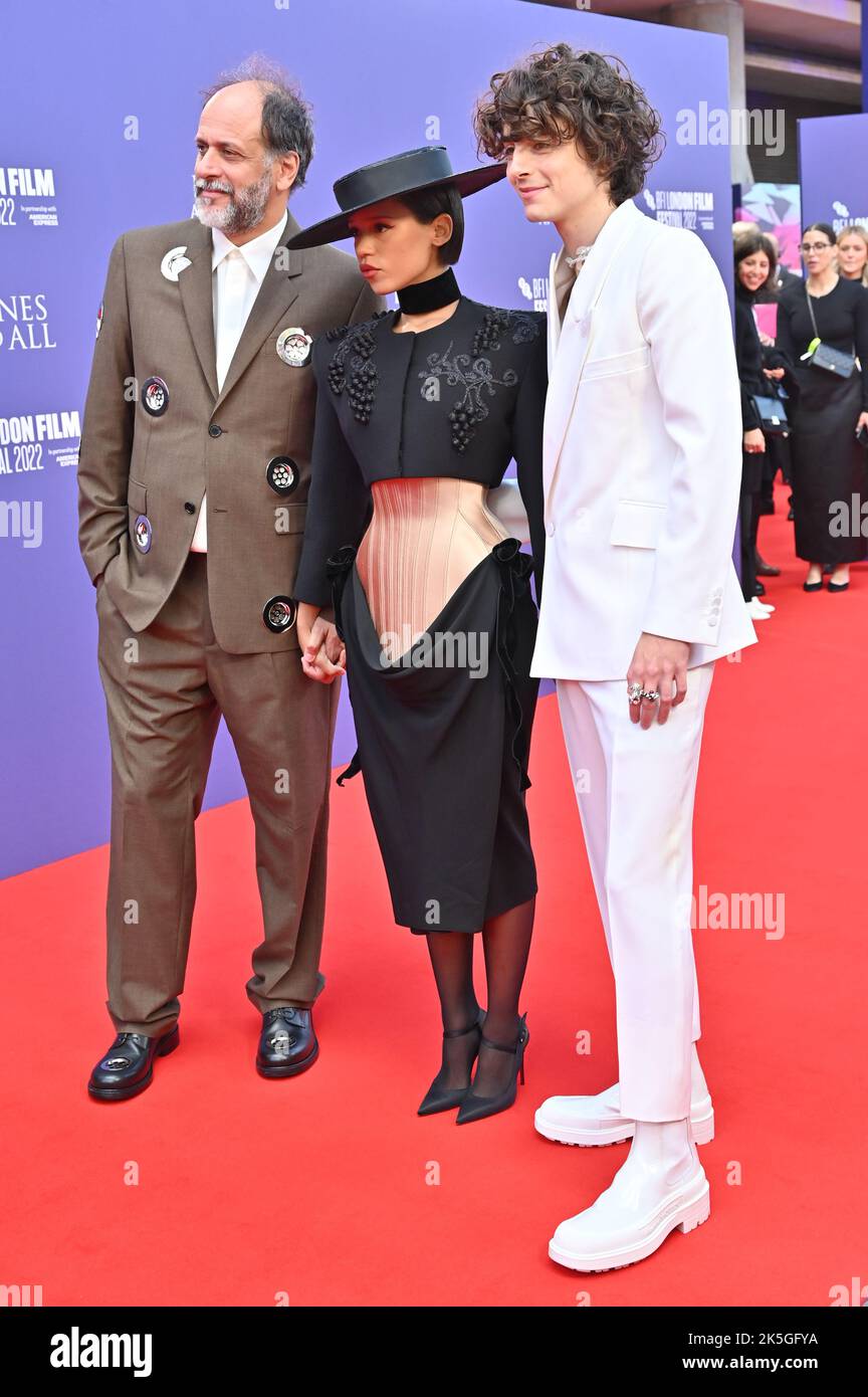 Londres, Royaume-Uni. 08th octobre 2022. Luca Guadagnino, Taylor Russell, Timothée Chalamet arrive à The Bones and All - première mondiale du BFI London film Festival’s 2022 le 8th octobre 2022 à South Bank, Royal Festival Hall, Londres, Royaume-Uni. Crédit : voir Li/Picture Capital/Alamy Live News Banque D'Images