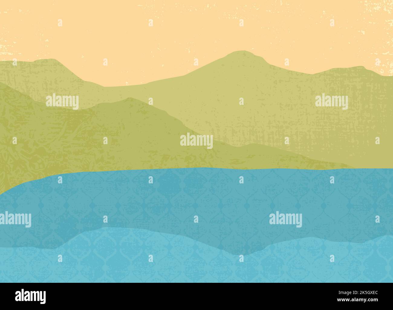 Un paysage abstrait de montagnes et d'eau, dans un style de papier coupé avec des textures Illustration de Vecteur