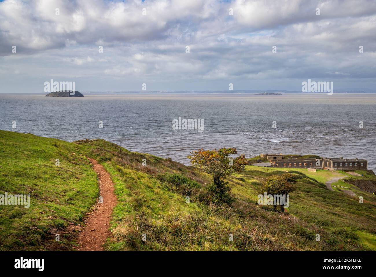 Arbres balayés par le vent et le fort à Brean vers le bas dans le canal de Bristol, dans le nord du Somerset, en Angleterre Banque D'Images