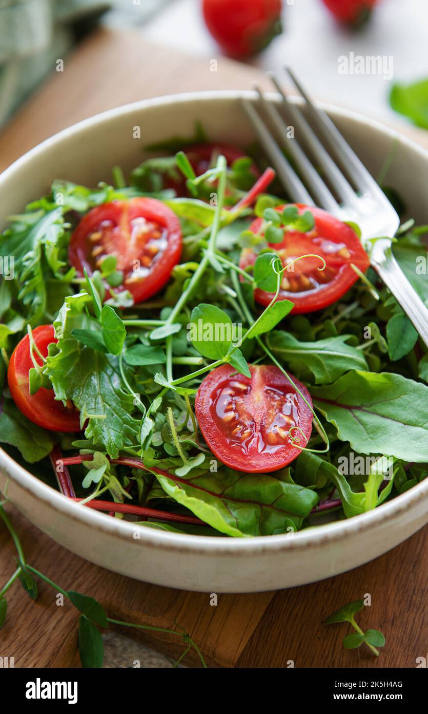 Nourriture végétalienne : salade de légumes frais et sains. Salade avec arugula et tomates cerises. Banque D'Images