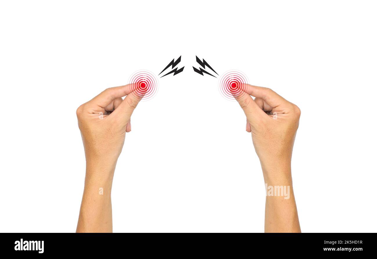 Deux doigts se touchent. Problèmes de sensation de doigt. Problèmes de nerfs des mains. Isolé sur blanc. Banque D'Images