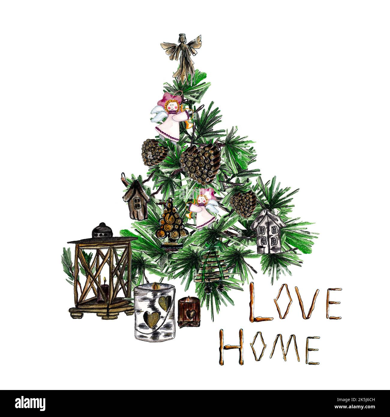 Aquarelle arbre du nouvel an avec décorations en bois de Noël : branches en pin avec coeur en laine, inscription Love Home, lampe de poche en bois et porte-bougie Banque D'Images