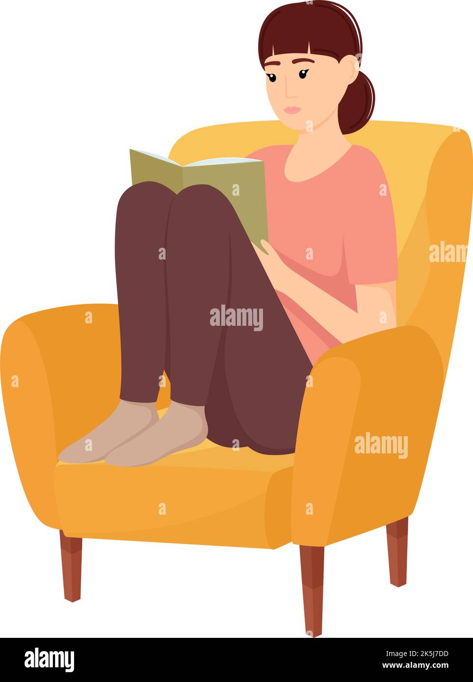 Belle femme assise dans une chaise et livre de lecture. Illustration vectorielle Illustration de Vecteur