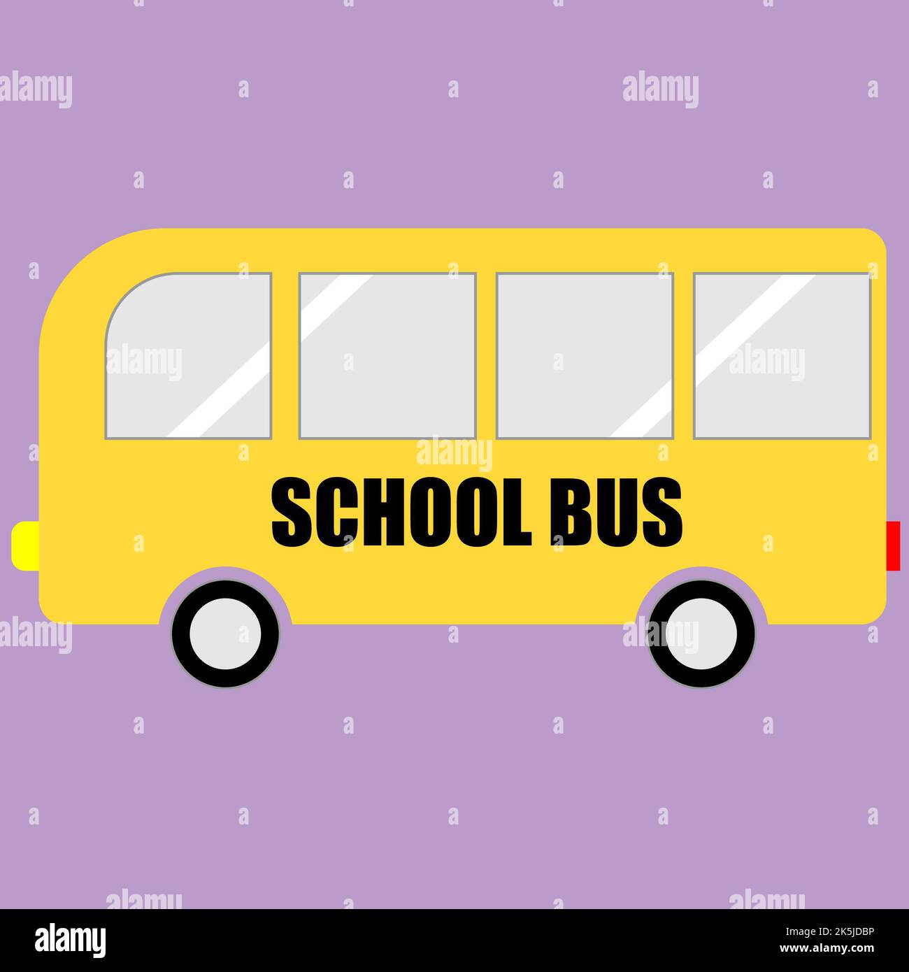 Un bus scolaire avec quatre fenêtres, bus jaune, vecteur d'illustration de bus, véhicule, couleurs jaune et violet, mots d'autobus scolaire, roues noires, retour à l'école Banque D'Images