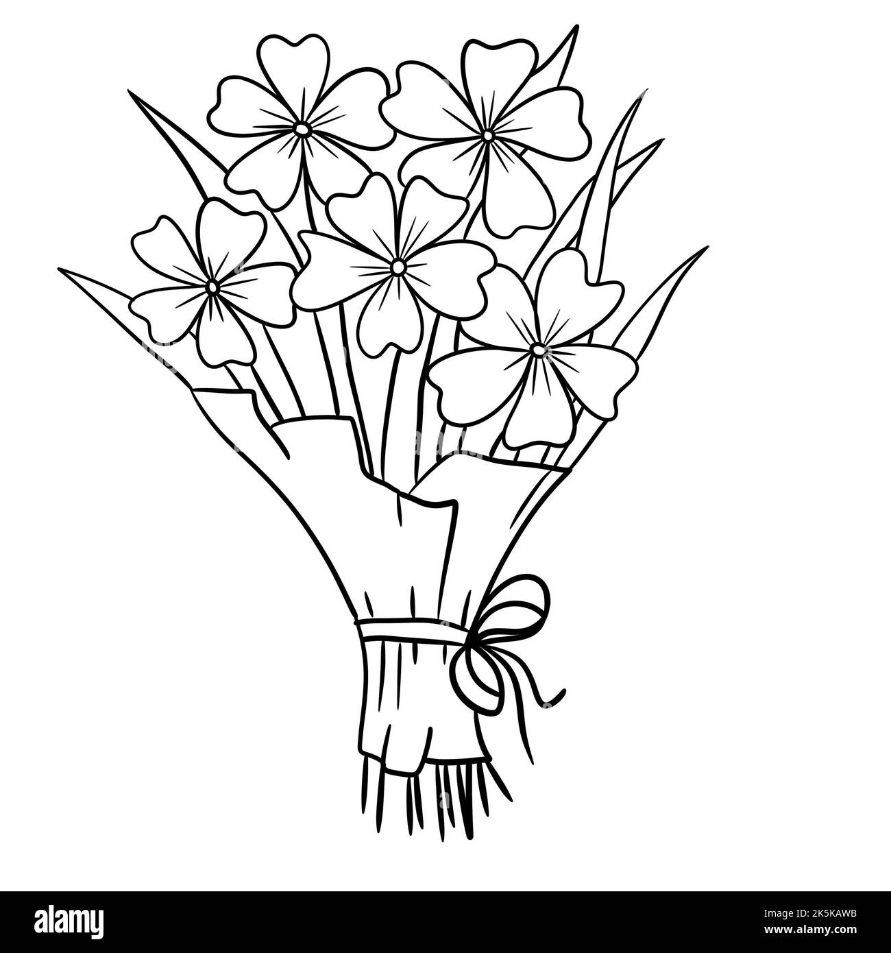 Illustration à la main de fleurs feuilles bouquet bouquet de fleurs dans le contour de la ligne noire. Design de jardin fleuri minimaliste, fleur pour cartes d'invitation, concept de nature de plante de feuillage d'éléhant Banque D'Images