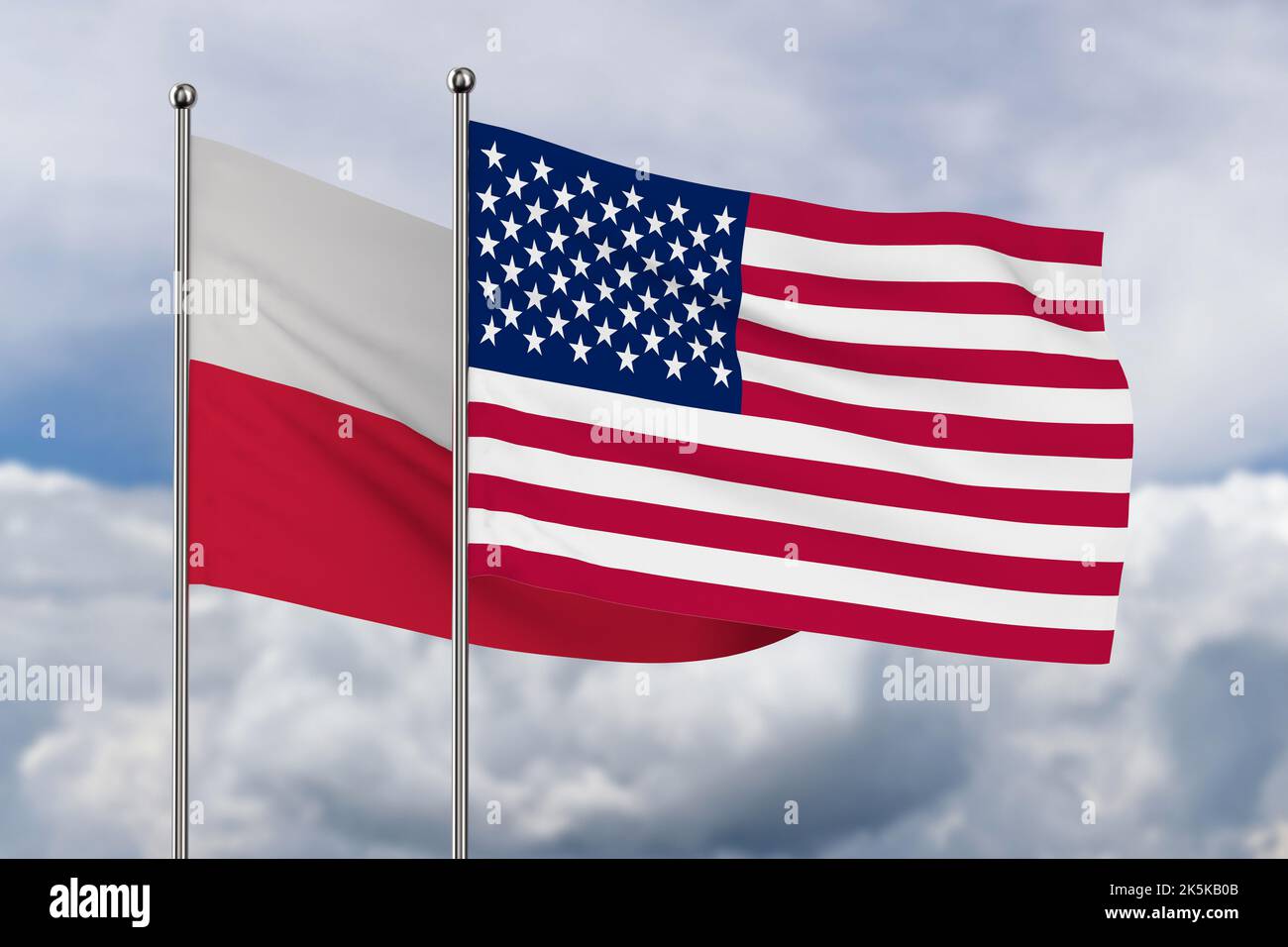 Pologne et drapeau américain sur fond de ciel. 3D illustration Banque D'Images