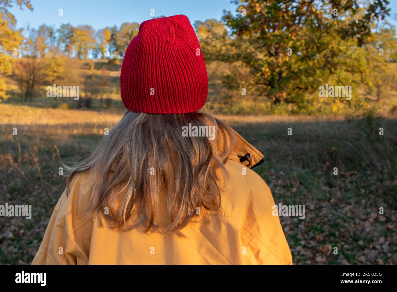 Jeune femme aux longs cheveux blonds dans un chapeau rouge et un manteau jaune marchant dans le parc d'automne. Vue arrière. Couleurs automnales vives. Temps ensoleillé. Profitez de la vie Banque D'Images