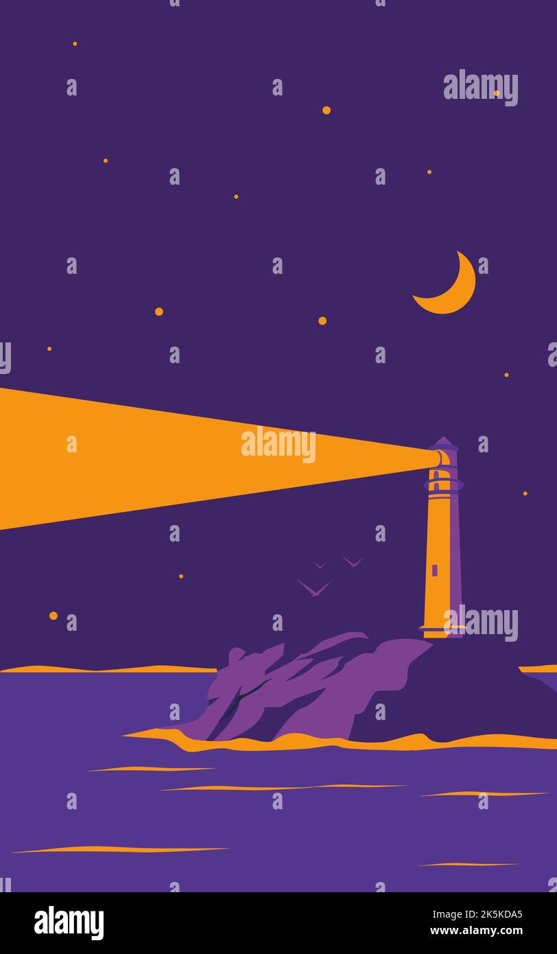 Illustration vectorielle d'une belle vue marine du phare sur la rive près de la mer sur fond de ciel nocturne Illustration de Vecteur