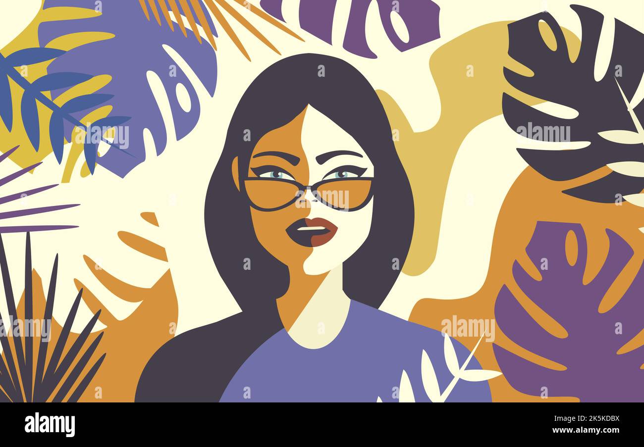Portrait d'une belle fille en lunettes de soleil avec des feuilles colorées dans des couleurs tendance Illustration de Vecteur