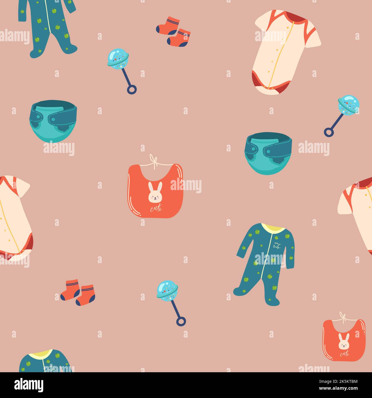 Motif sans couture avec des articles pour bébés, des vêtements pour bébés, des couches, des bodys, des filles ou des garçons. Illustration vectorielle pour impression, arrière-plans, couvertures, emballage, gr Illustration de Vecteur