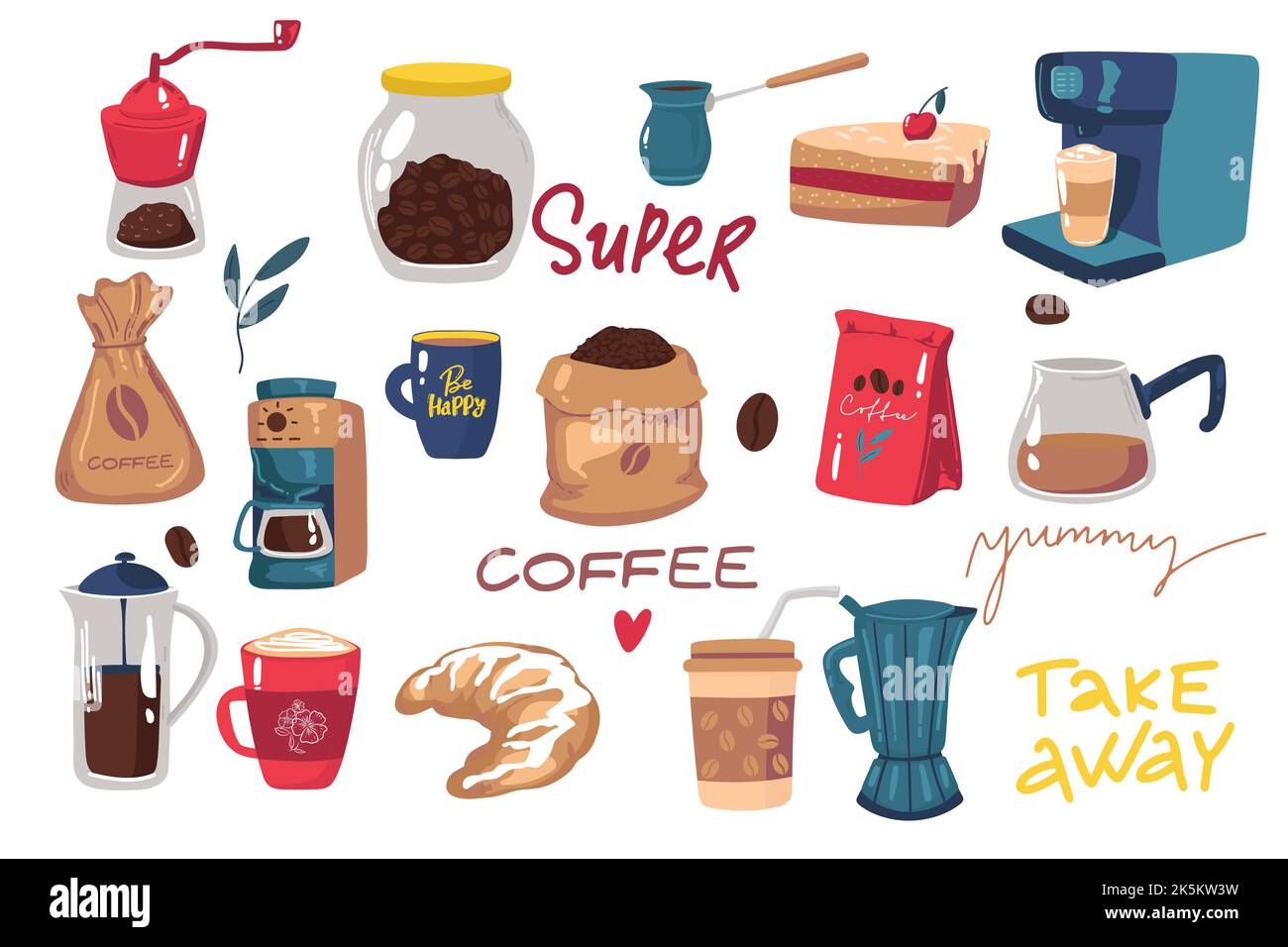 Collection Coffee ELEMENTS. Illustration vectorielle de style dessin animé à la main. Matériel de préparation du café machine à café, presse française, moulin à café, moka. Tasses a Illustration de Vecteur