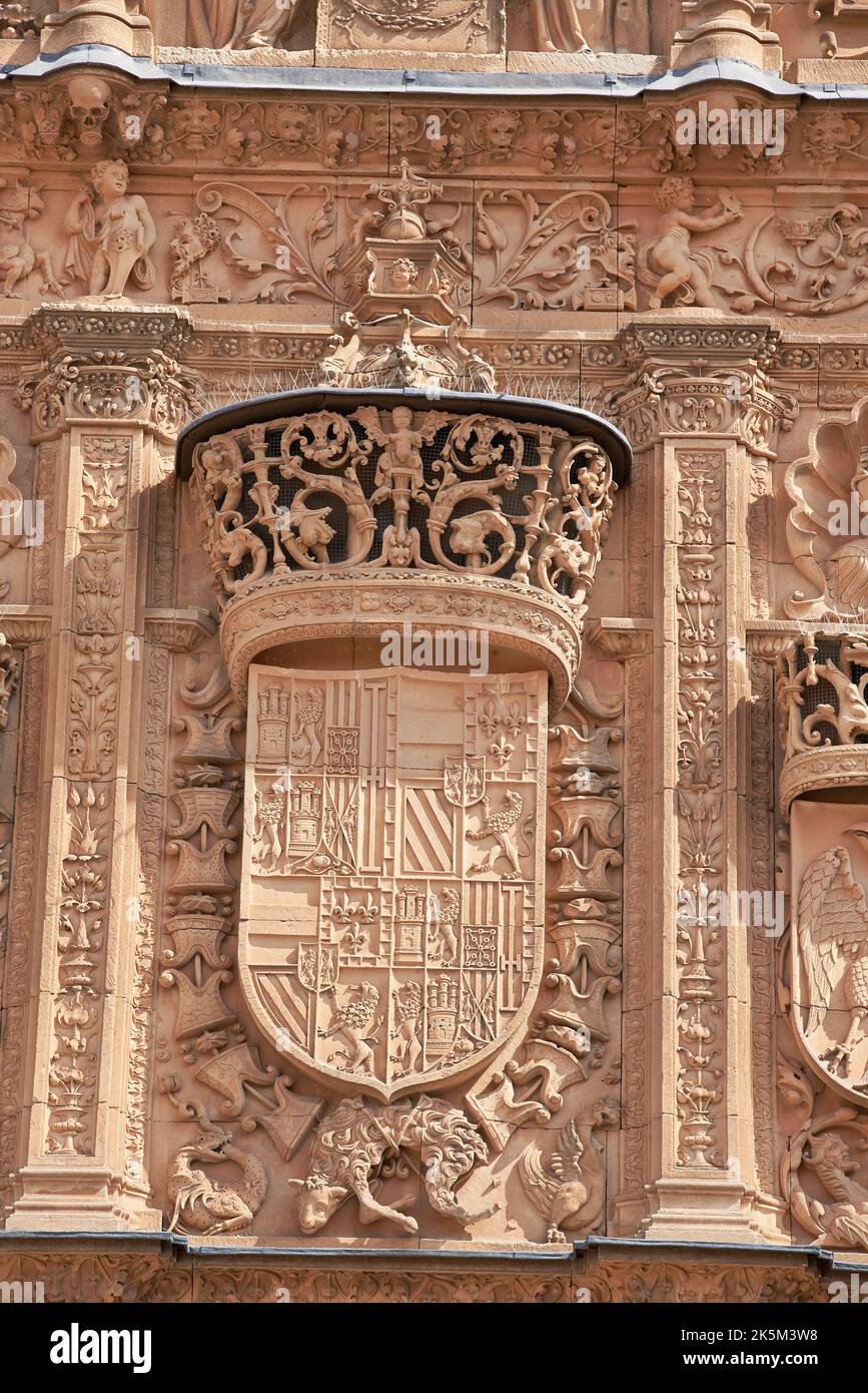 Détail architectural dans la façade de l'Université de Salamanque, Salamanque ville, Espagne, Europe. Banque D'Images