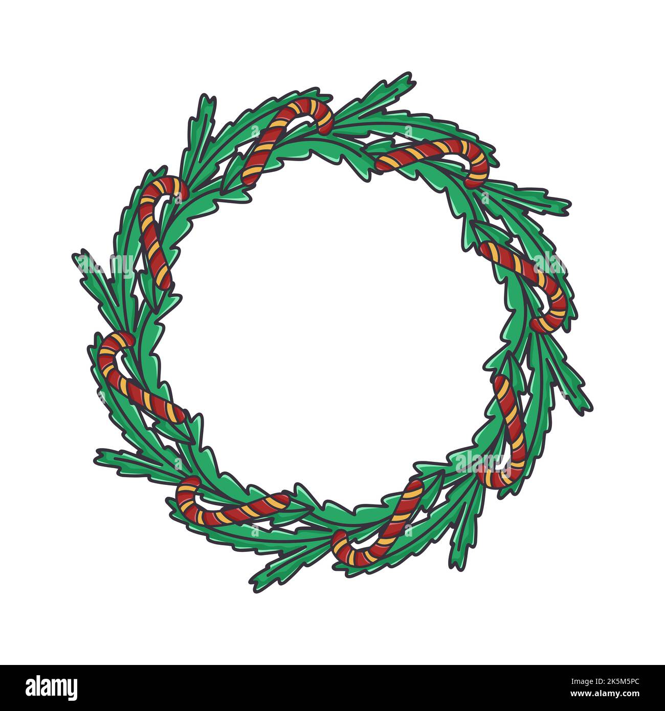 Couronne de Noël de branches de sapin avec Cannes de bonbons. Couronne traditionnelle pour la nouvelle année. Cadre botanique circulaire avec bonbons vecteur isolé illustrati Illustration de Vecteur