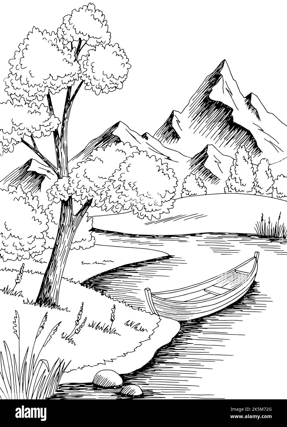 Bateau de rivière graphique noir blanc paysage vertical esquisse vecteur d'illustration Illustration de Vecteur