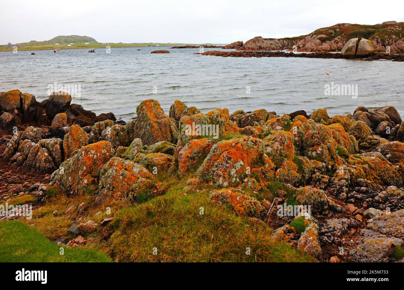 Vue sur la côte à travers le détroit d'Iona vers l'île d'Iona depuis Fionnphort, île de Mull, Écosse. Banque D'Images