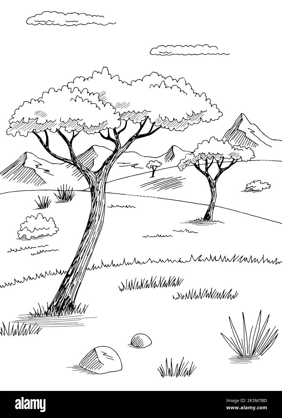 Savannah graphique noir blanc paysage esquisse verticale vecteur d'illustration Illustration de Vecteur