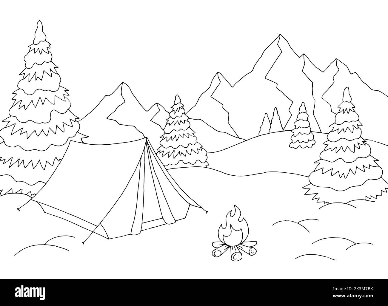 Hiver camping graphique neige paysage montagne esquisse illustration vecteur Illustration de Vecteur