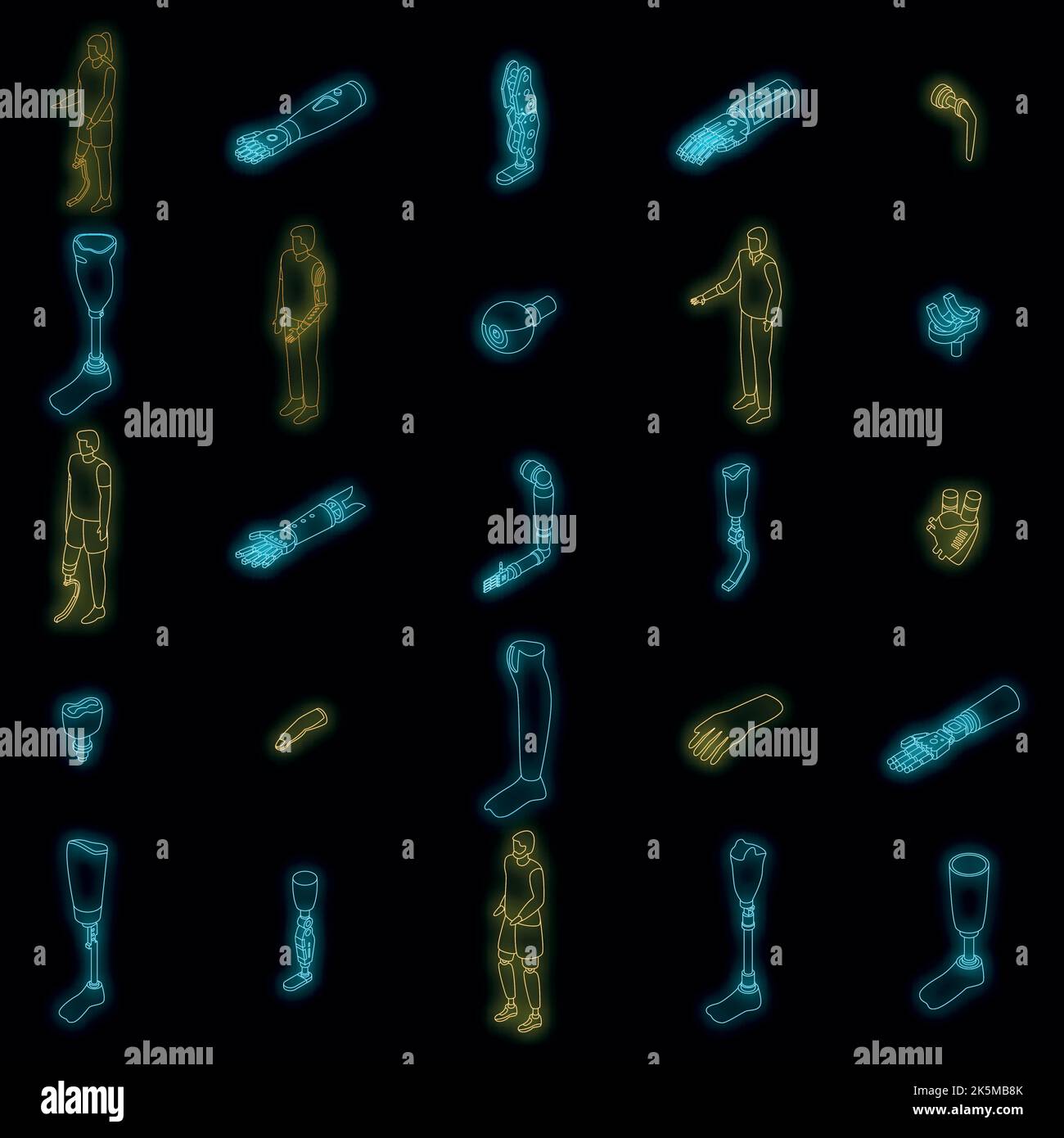Jeu d'icônes de membres artificiels. Ensemble isométrique de membres artificiels vecteur icônes néon couleur sur noir Illustration de Vecteur