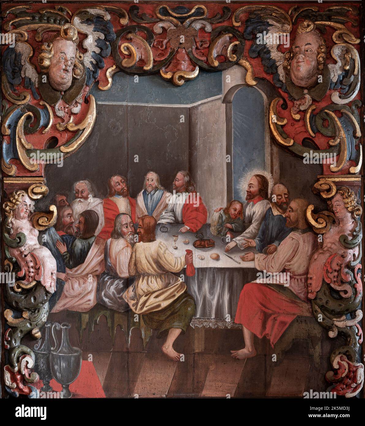 Dernier dîner, peinture de 1750 par un artiste inconnu représentant le dernier souper avec Jésus et ses diciples assis autour d'une table Banque D'Images